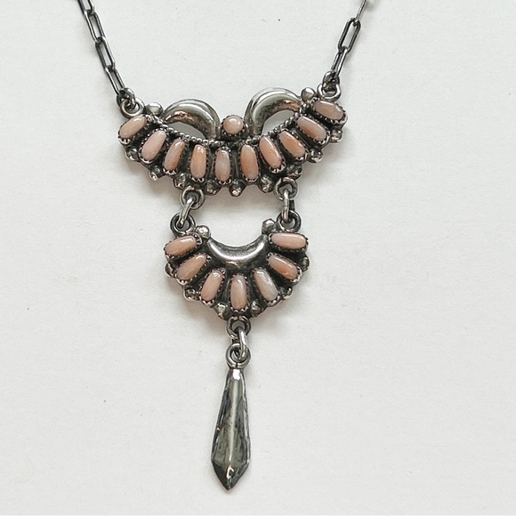 Vintage Bill & Lou Zuni Angel Skin Coral Petit Point Sterling Silver Necklace - Picture 6 of 13